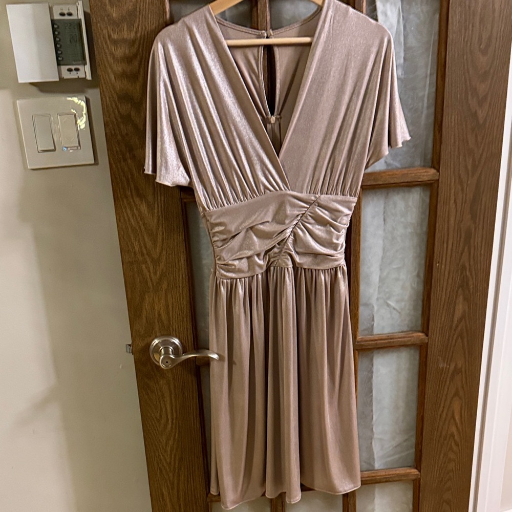 Rinascimento Metallic Blush Midi Dress with Ruched Waist